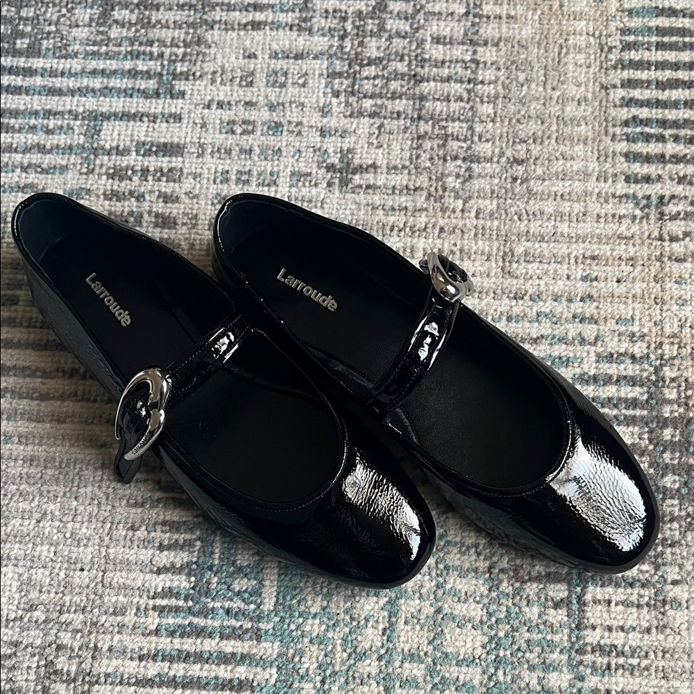 Larroude Black Patent Leather Mary Jane Flats with Silver Buckle
